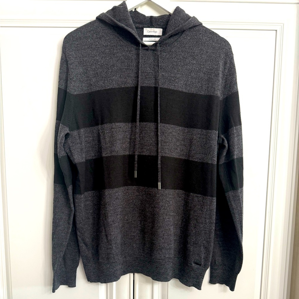 Calvin Klein Men’s Large Sweater/Hoodie Dark Grey/Black Stripes Italian Wool Top